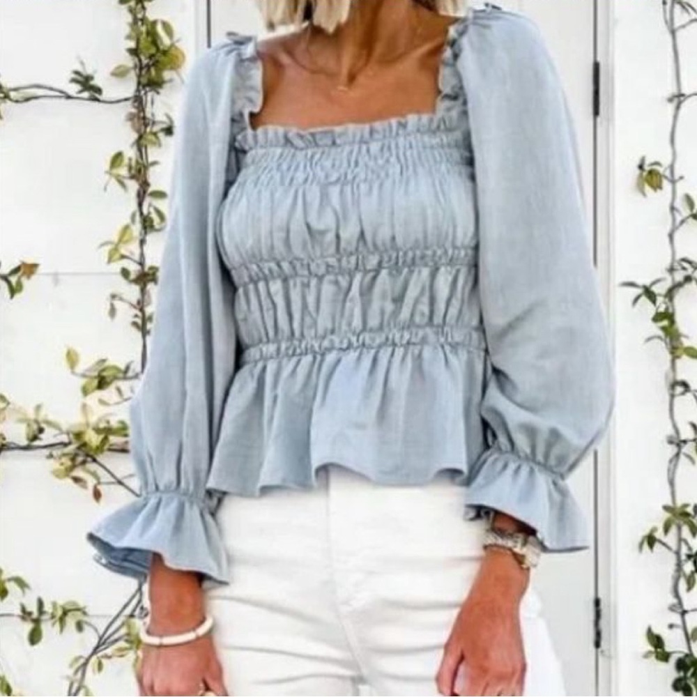 🆕 Who What Wear Chambray Peplum 3/4 Sleeve Twill Top Size Medium Milkmaid